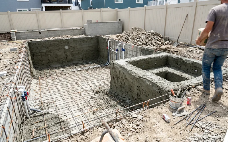Gunite pool mid-construction showing rebar and fresh shotcrete work