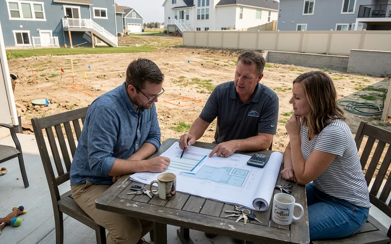 Homeowner and builder reviewing pool plans and a budget sheet at a patio table