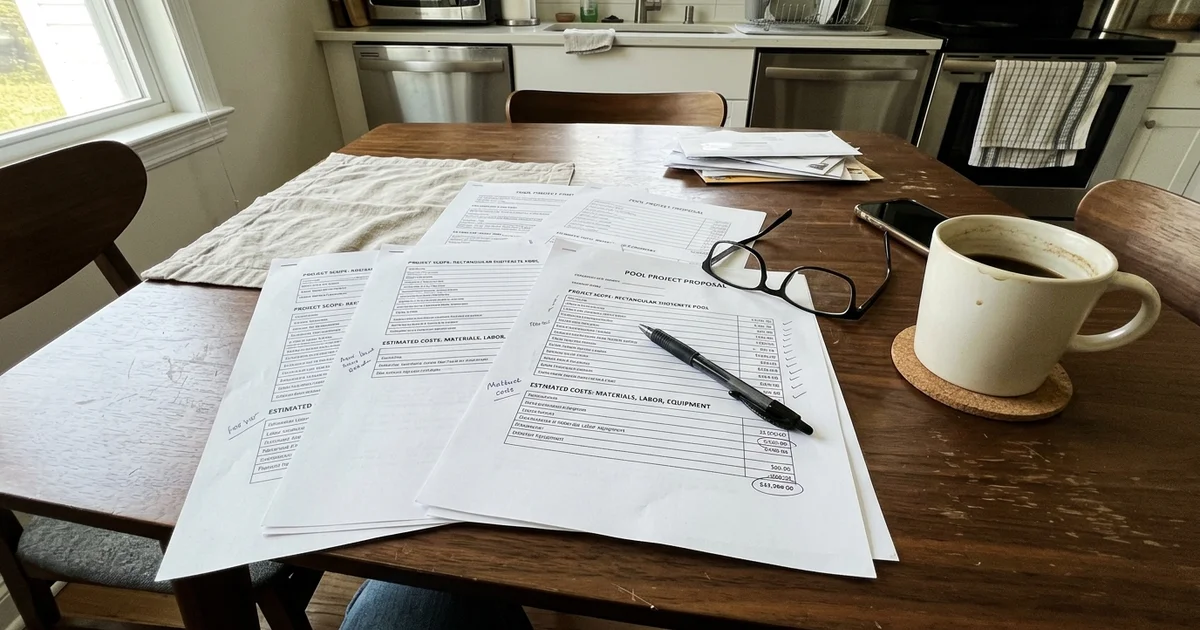 Detailed pool project quote document laid out on a table with a pen