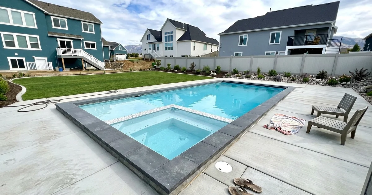 Finished custom backyard pool with attached spa and decking at a Utah County home