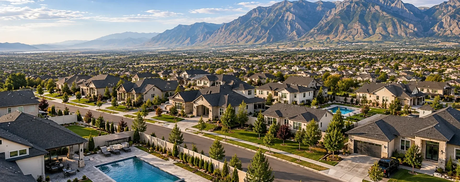 Aerial view of an upscale Utah County neighborhood with custom rectangular swimming pools and mountain views.
