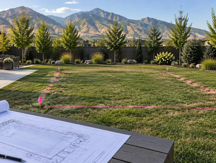 Site evaluation checking grade, slope, and utility markings in a backyard