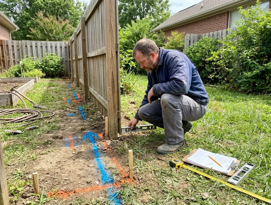 Site evaluation checking grade, slope, and utility markings in a backyard