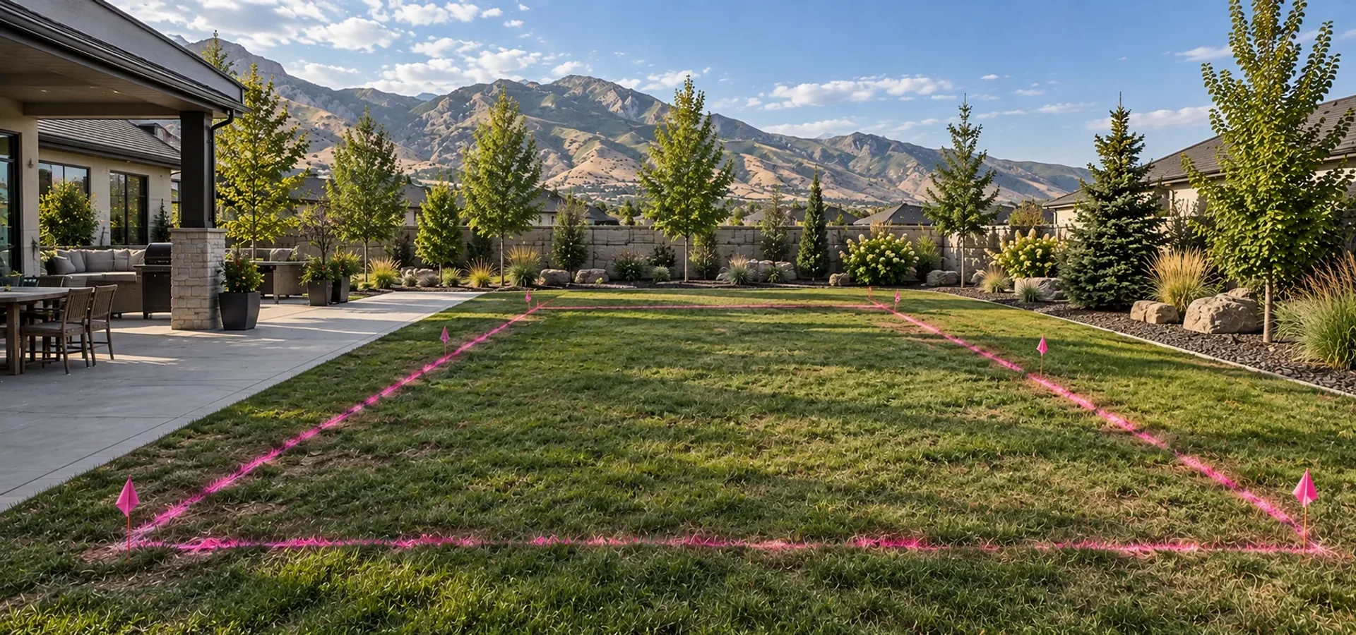Builder and homeowners reviewing a marked-out pool layout in a Utah backyard