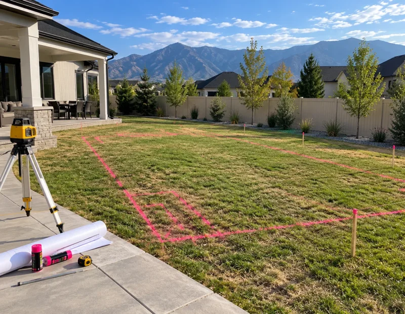 Custom swimming pool layout marked in a Utah backyard before excavation and construction.