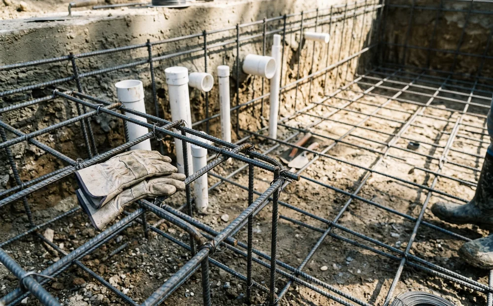 Tied rebar grid and plumbing stub-outs inside an excavated pool shell before shotcrete