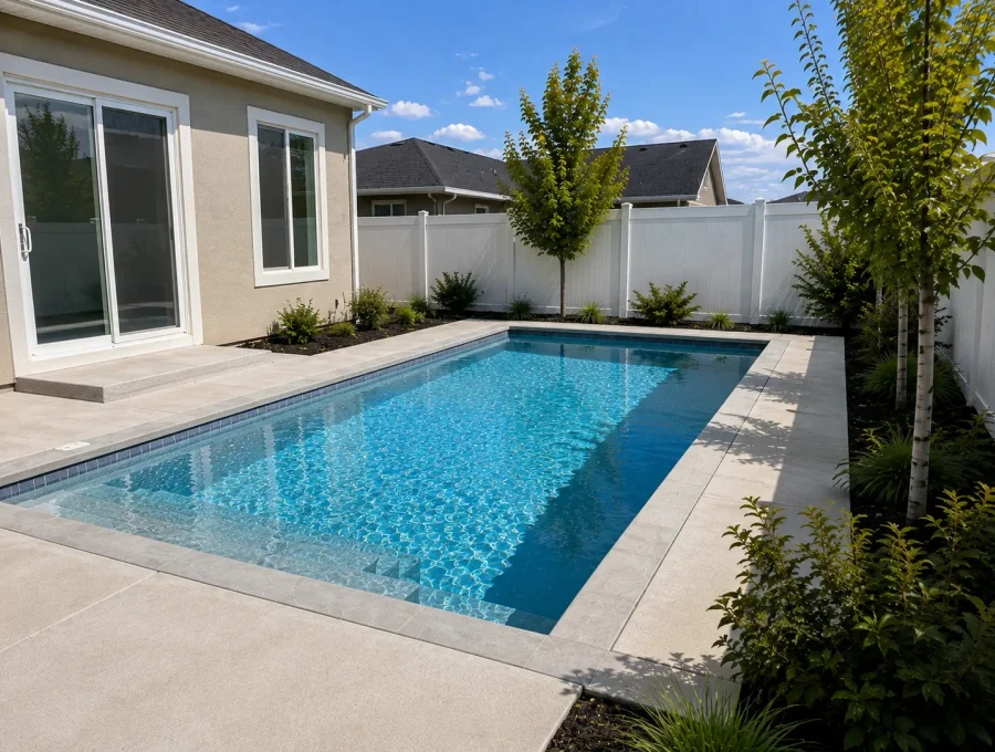 Compact backyard pool with automatic cover and wraparound patio in Saratoga Springs