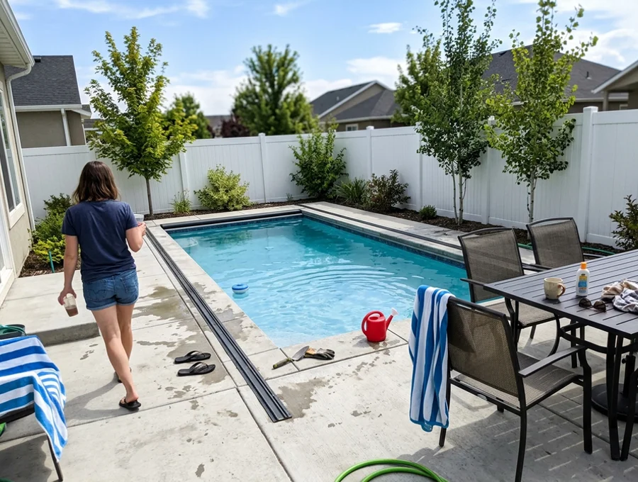 Compact backyard pool with automatic cover and wraparound patio in Saratoga Springs