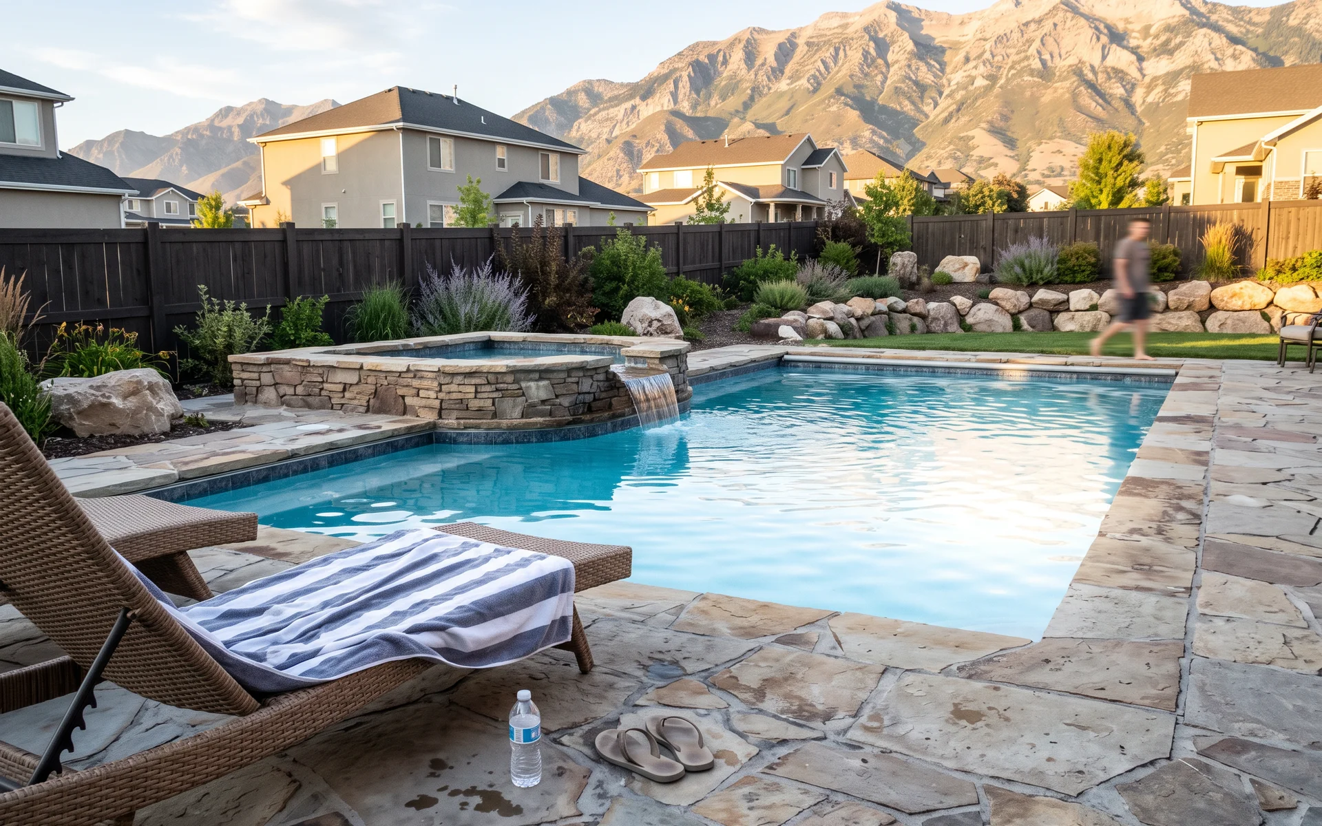 Custom gunite pool with attached spa and decking in a Utah County backyard