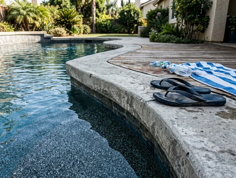 Pebble interior finish and cantilever coping detail on a finished pool