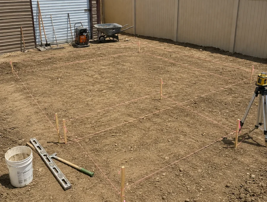 Excavated pool hole with benched sidewalls beside a spoil pile