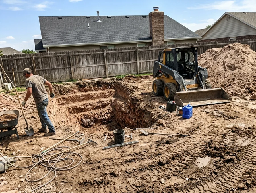Excavated pool hole with benched sidewalls beside a spoil pile
