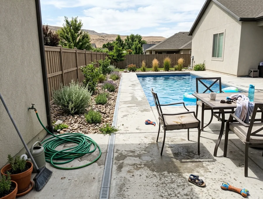 Finished backyard where pool, decking, planting, and drainage were planned together