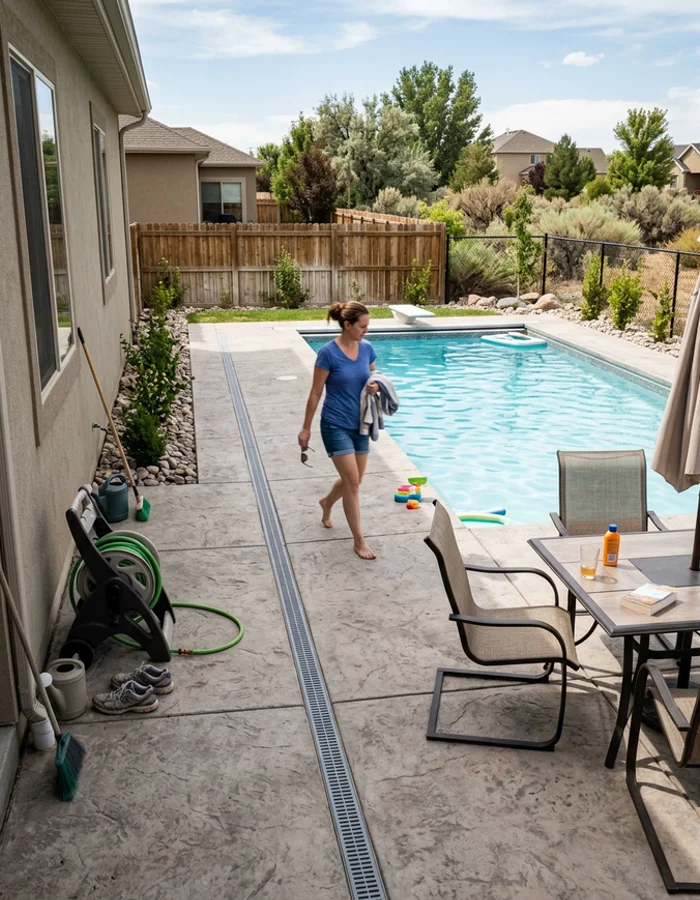 Finished backyard where pool, decking, planting, and drainage were completed together