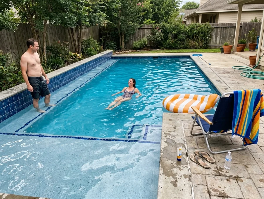 Finished gunite pool with tanning ledge, bench seating, and waterline tile