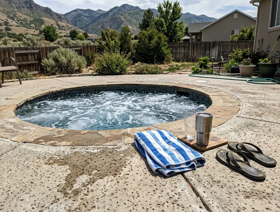 Flush-mounted spa set into the pool deck with stone coping