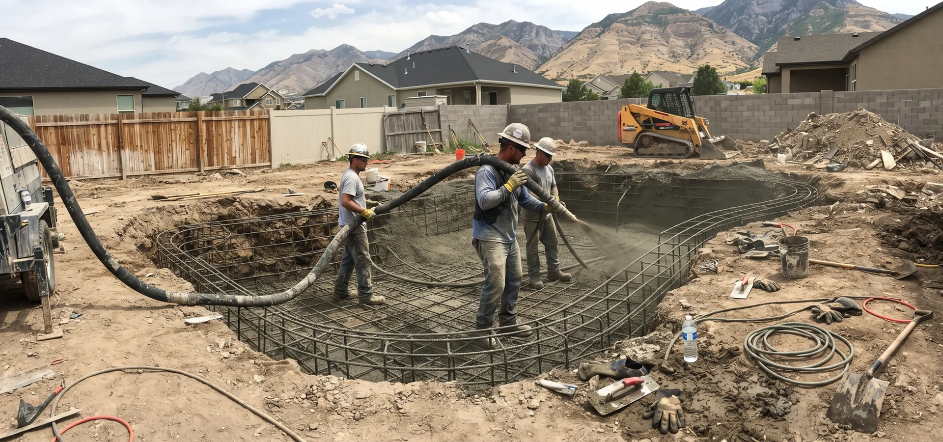 Crew applying shotcrete over a rebar grid in an excavated pool shell at a Utah County home
