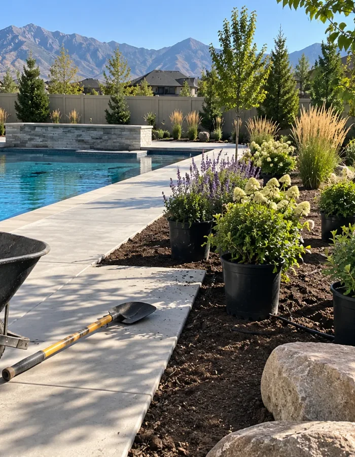 Landscaping installation around a custom swimming pool and finished backyard in Utah.