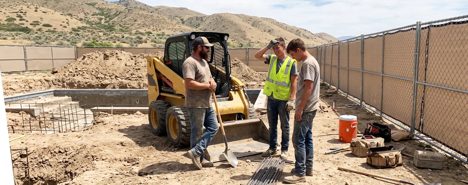 Outdoor construction crew beside a partly excavated backyard pool site