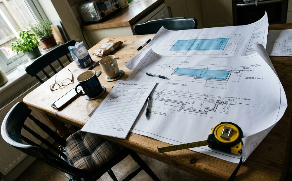 Pool design drawings and a budget worksheet spread across a kitchen table