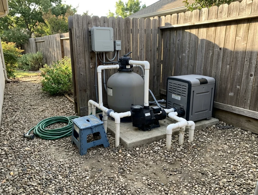 Equipment pad with heater, pump, filter, and automation panel in a side yard