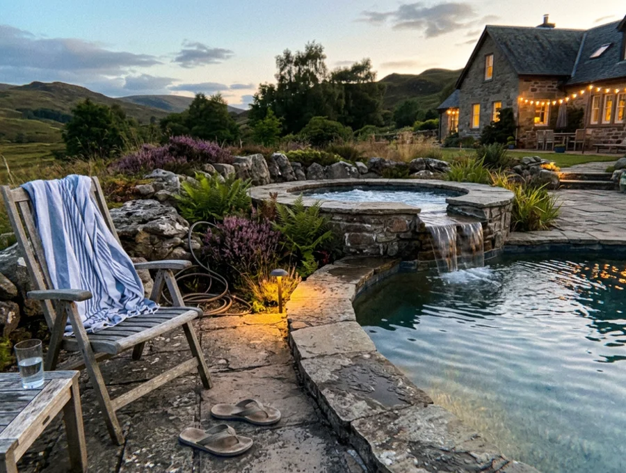 Raised spa spilling into a pool beside stone coping at a Highland home