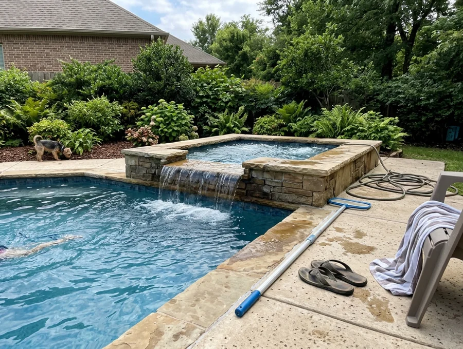 Raised spa spilling into a gunite pool surrounded by stone coping