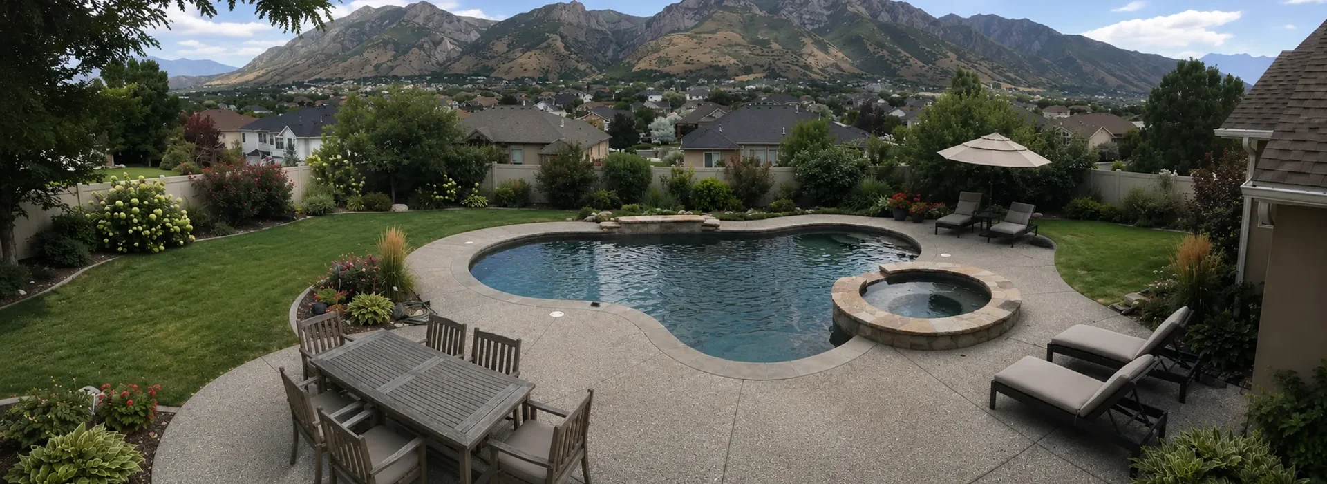 Backyard swimming pool with spa and Wasatch Mountain views in Pleasant Grove, Utah