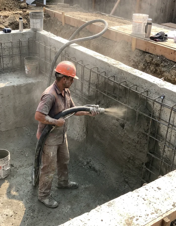 Worker guiding a shotcrete hose inside a new pool shell