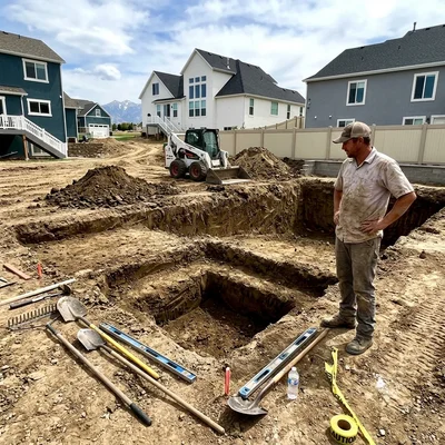 Pool builder on site at an excavated backyard project